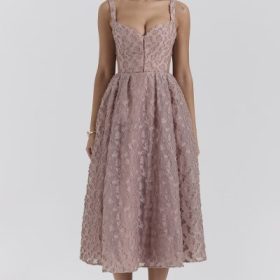 Lovely French Rose Jacquard Sweetheart Neckline Midi Dress - Image 5