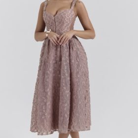 Lovely French Rose Jacquard Sweetheart Neckline Midi Dress - Image 6