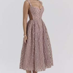 Lovely French Rose Jacquard Sweetheart Neckline Midi Dress - Image 9