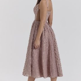Lovely French Rose Jacquard Sweetheart Neckline Midi Dress - Image 10