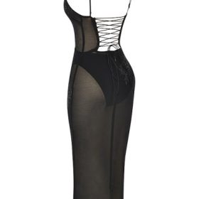 Amirah Black Mesh Crystal Embellished Midi Dress - Image 3