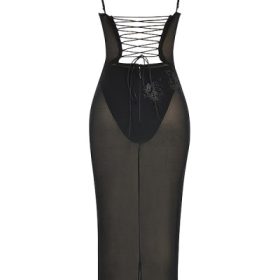 Amirah Black Mesh Crystal Embellished Midi Dress - Image 4