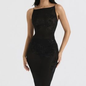 Amirah Black Mesh Crystal Embellished Midi Dress - Image 5