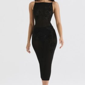 Amirah Black Mesh Crystal Embellished Midi Dress - Image 6