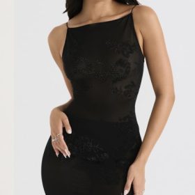 Amirah Black Mesh Crystal Embellished Midi Dress - Image 9