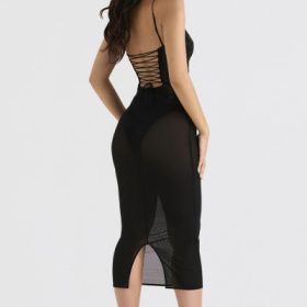 Amirah Black Mesh Crystal Embellished Midi Dress - Image 12
