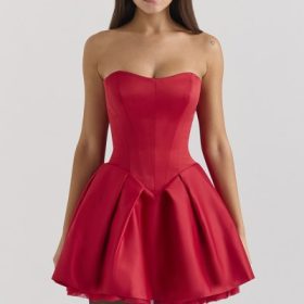 Salome Holly Red Satin Detachable Bow Mini Dress - Image 7