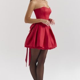 Salome Holly Red Satin Detachable Bow Mini Dress - Image 9