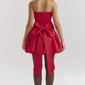 Salome Holly Red Satin Detachable Bow Mini Dress - Image 10
