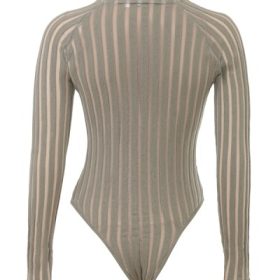 Rowena Grey Velour Sheer Striped Bodysuit - Image 4