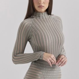Rowena Grey Velour Sheer Striped Bodysuit - Image 5