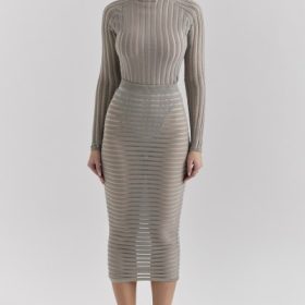 Rowena Grey Velour Sheer Striped Bodysuit - Image 7