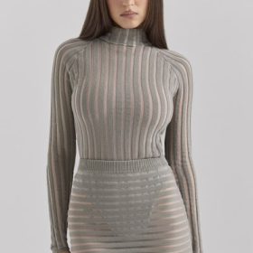 Rowena Grey Velour Sheer Striped Bodysuit - Image 8