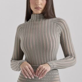 Rowena Grey Velour Sheer Striped Bodysuit - Image 9