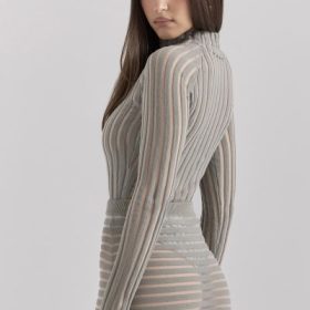 Rowena Grey Velour Sheer Striped Bodysuit - Image 10
