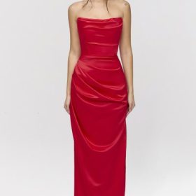 Adrienne Scarlet Satin Strapless Gown - Image 7