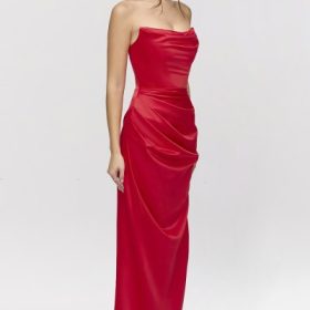 Adrienne Scarlet Satin Strapless Gown - Image 9