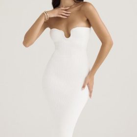 Oriana White Ribbed Knit Strapless Midi Dress - Image 5