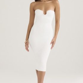 Oriana White Ribbed Knit Strapless Midi Dress - Image 7
