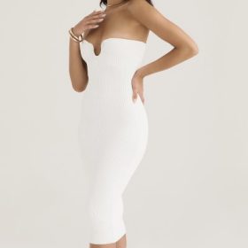 Oriana White Ribbed Knit Strapless Midi Dress - Image 9