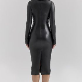 Viola Black Vegan Leather Long Sleeve Midi Dress - Image 11