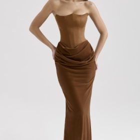 Persephone Toffee Velvet Strapless Corset Maxi Dress - Image 5