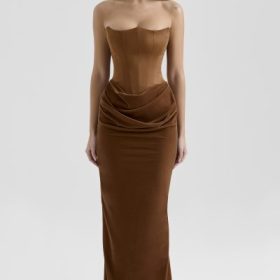 Persephone Toffee Velvet Strapless Corset Maxi Dress - Image 7