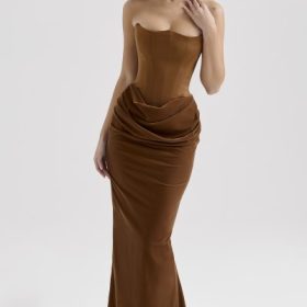 Persephone Toffee Velvet Strapless Corset Maxi Dress - Image 8