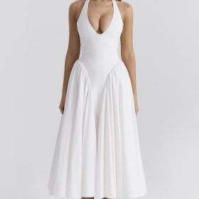 Marilyn White Cotton Halter Midi Sundress - Image 6