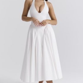 Marilyn White Cotton Halter Midi Sundress - Image 7