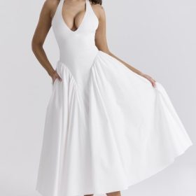 Marilyn White Cotton Halter Midi Sundress - Image 8
