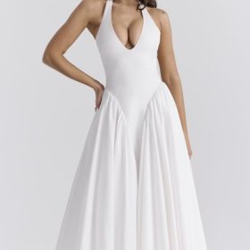 Marilyn White Cotton Halter Midi Sundress - Image 9