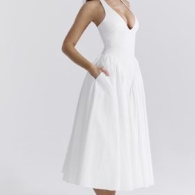 Marilyn White Cotton Halter Midi Sundress - Image 10
