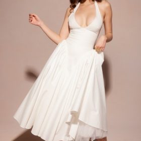 Marilyn White Cotton Halter Midi Sundress - Image 17