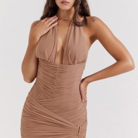 Laetitia Hazelnut Gathered Mini Dress - Image 9