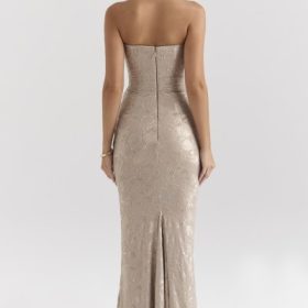 Persephone Pale Gold Chiffon Mesh Strapless Corset Maxi Dress