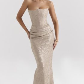 Persephone Pale Gold Chiffon Mesh Strapless Corset Maxi Dress - Image 5