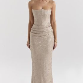 Persephone Pale Gold Chiffon Mesh Strapless Corset Maxi Dress - Image 8