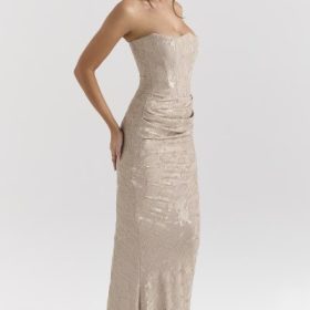 Persephone Pale Gold Chiffon Mesh Strapless Corset Maxi Dress - Image 9