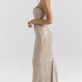 Persephone Pale Gold Chiffon Mesh Strapless Corset Maxi Dress - Image 10