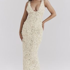 Carena Creme Plunge Floral Appliqu?? Maxi Dress - Image 6