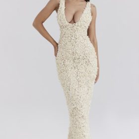 Carena Creme Plunge Floral Appliqu?? Maxi Dress - Image 7