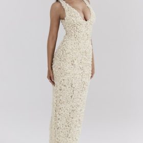 Carena Creme Plunge Floral Appliqu?? Maxi Dress - Image 9