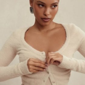 Gene Beige Soft Fluffy Knit Cardigan - Image 5