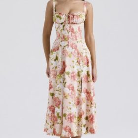 Carmen Pink Peony Print Cotton Bustier Sundress - Image 6