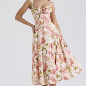 Carmen Pink Peony Print Cotton Bustier Sundress - Image 8