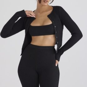 Sylvia Black Ribbed Knit Cardigan - Image 11