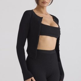 Sylvia Black Ribbed Knit Cardigan - Image 12