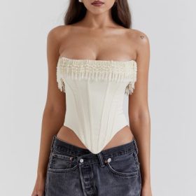 Aubrie Vintage Cream Embellished Satin Corset - Image 5