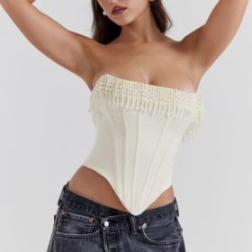 Aubrie Vintage Cream Embellished Satin Corset - Image 10
